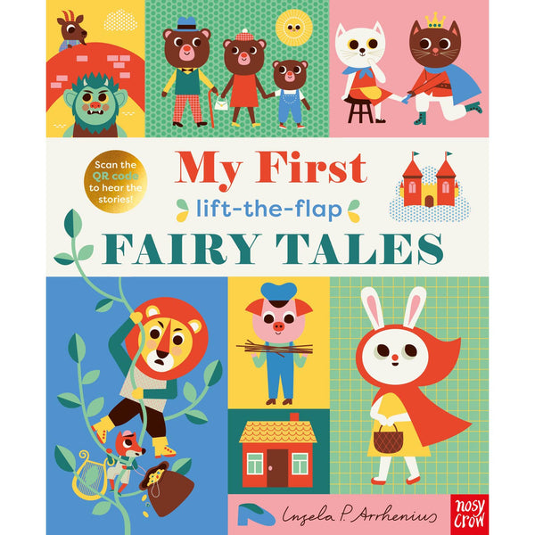 Book cover of 'My First Lift-the-Flap Fairy Tales' with colorful illustrations of fairy tale characters.