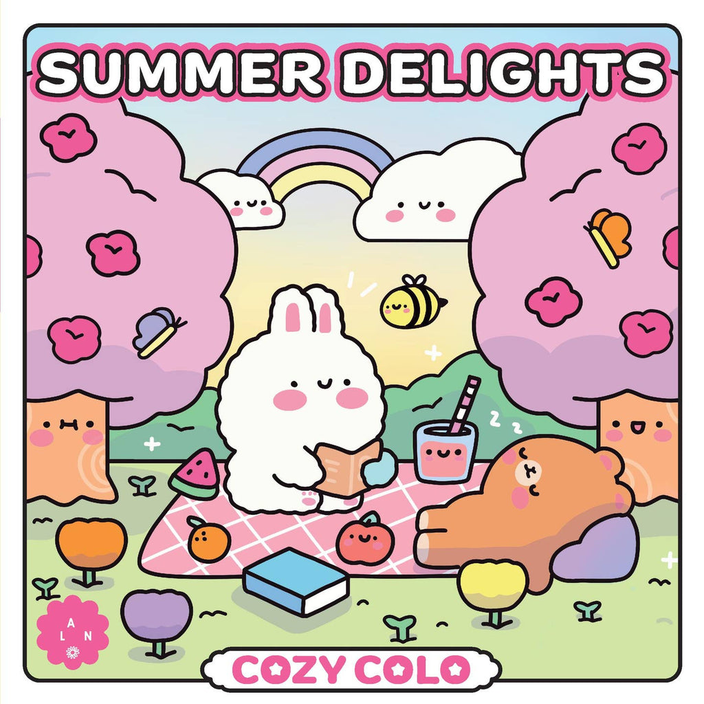 Cartoon characters enjoying a picnic with 'Summer Delights' text and 'Cozy Colo' branding.