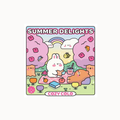 A square sticker or print featuring a cute pastel cartoon scene with the text 'SUMMER DELIGHTS' at the top and 'COZY COLO' at the bottom. The illustration shows a white bunny and a brown bear having a picnic under pink trees with cherry blossoms, a rainbow, and small whimsical objects, all on a light gray background.