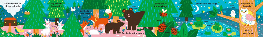 Illustrated book page with animals in a forest setting
