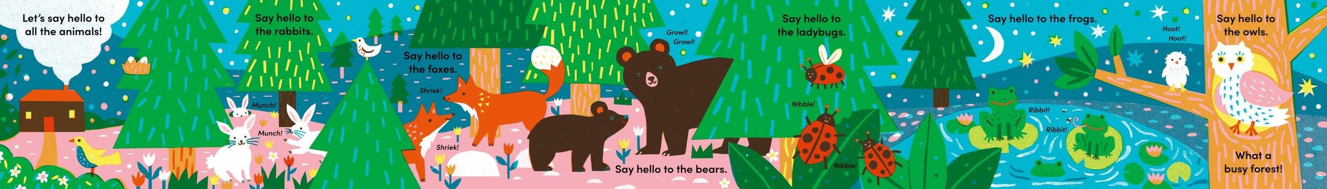 Illustrated book page with animals in a forest setting