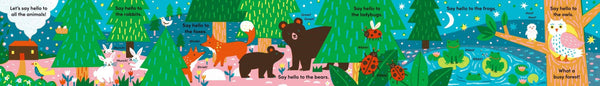 Illustrated book page with animals in a forest setting