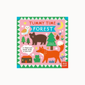 Tummy Time Forest children's board book by Louisa Lottebaum, published by Nosy Crow. The cover features a colorful cartoon forest scene with a pink background, a brown bear, an orange fox, a green tree, and a blue border.