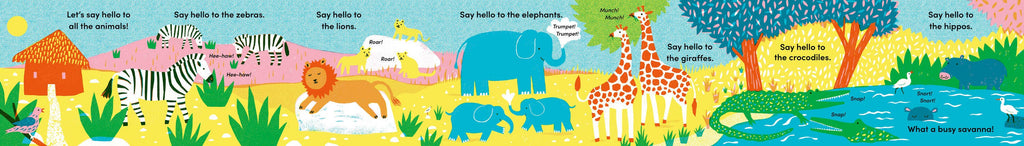 Children's book page with illustrations of animals and text in a colorful, cartoon-like style.