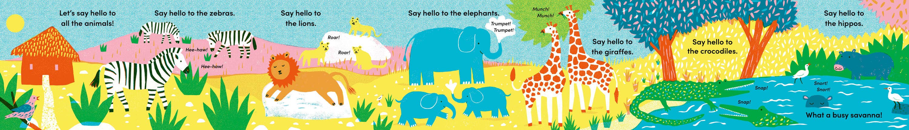 Children's book page with illustrations of animals and text in a colorful, cartoon-like style.