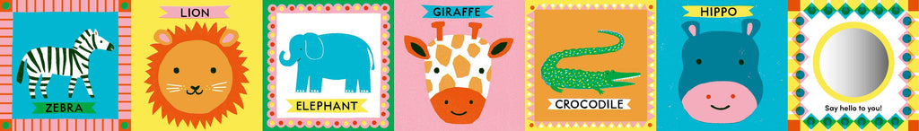 Children's book with colorful illustrations of animals and their names on a multicolored background.