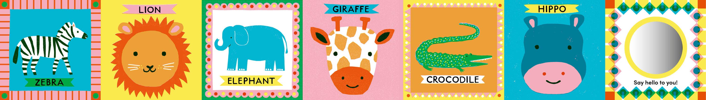 Children's book with colorful illustrations of animals and their names on a multicolored background.
