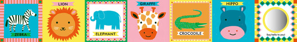 Children's book with colorful illustrations of animals and their names on a multicolored background.