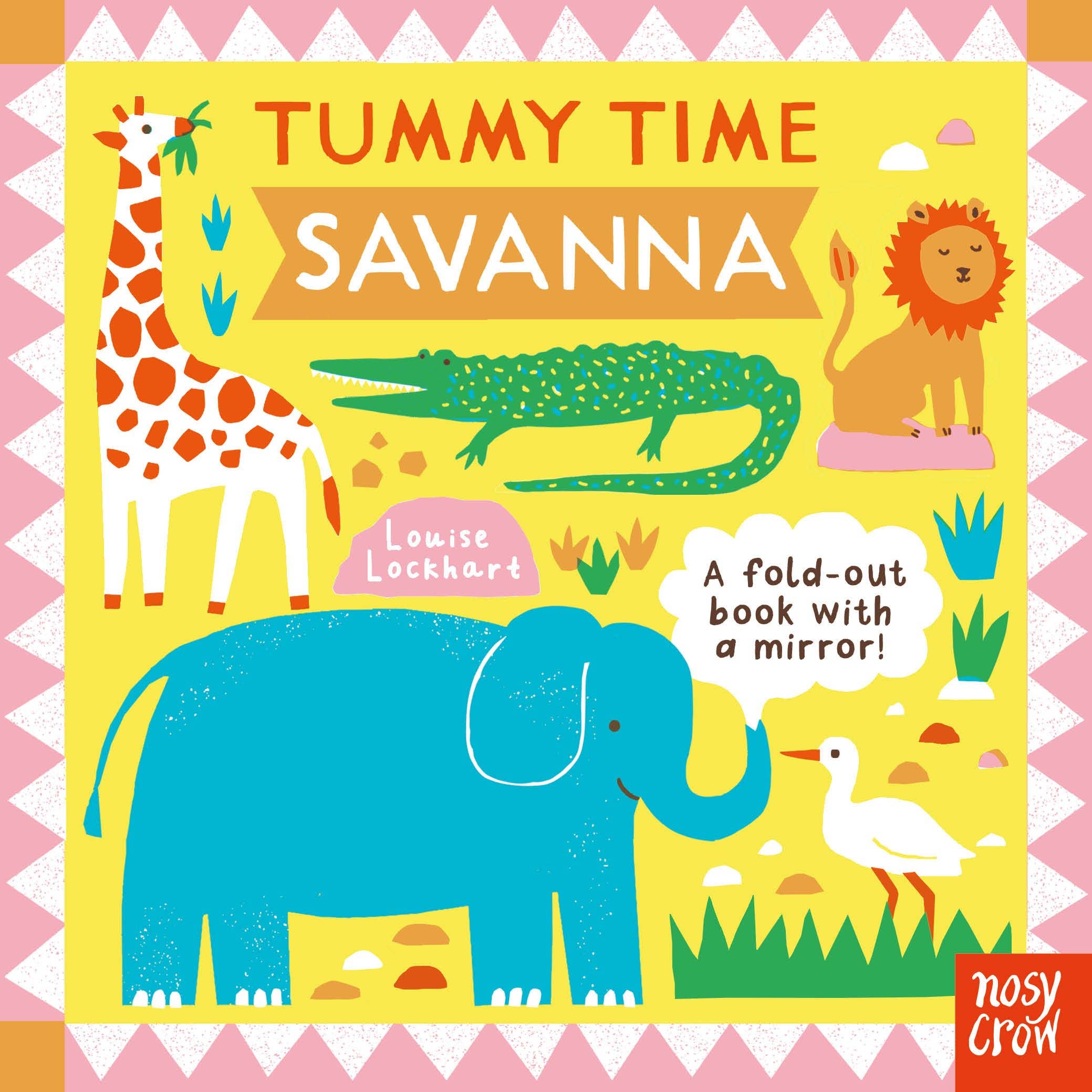 Book cover of 'Tummy Time Savanna' with colorful illustrations of animals on a yellow background.