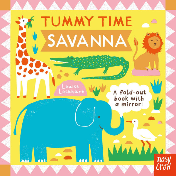 Book cover of 'Tummy Time Savanna' with colorful illustrations of animals on a yellow background.