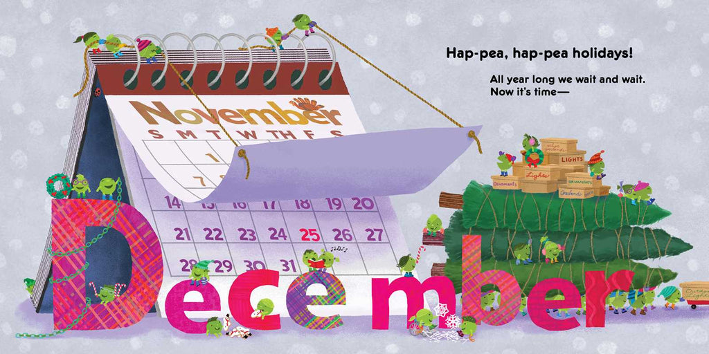 Calendar page for December with cartoon characters and festive decorations on a snowy background.