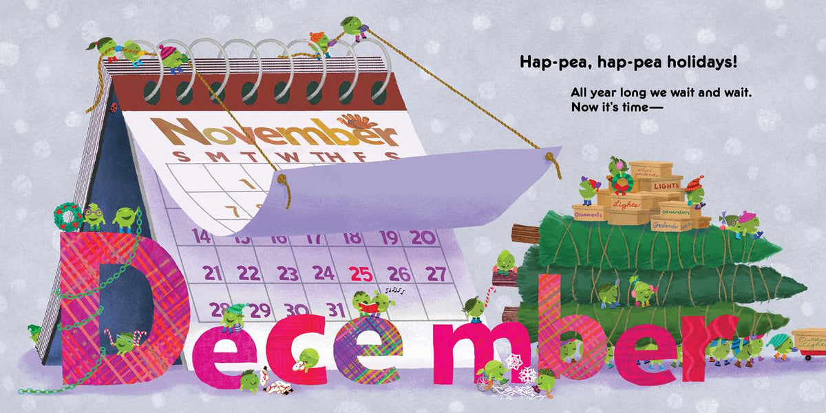 Calendar page for December with cartoon characters and festive decorations on a snowy background.