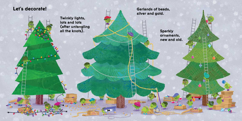 A whimsical illustrated scene showing three decorated Christmas trees with ladders, ornaments, lights, garlands, and gift boxes on a snowy gray background, with decorative text labels.