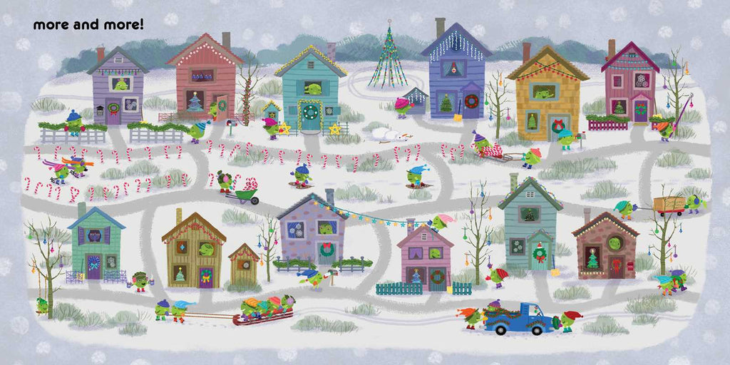 A whimsical winter village illustration with colorful houses, snowy roads, sledding, and small figures in the snow. The text 'more and more!' appears in the upper left corner.