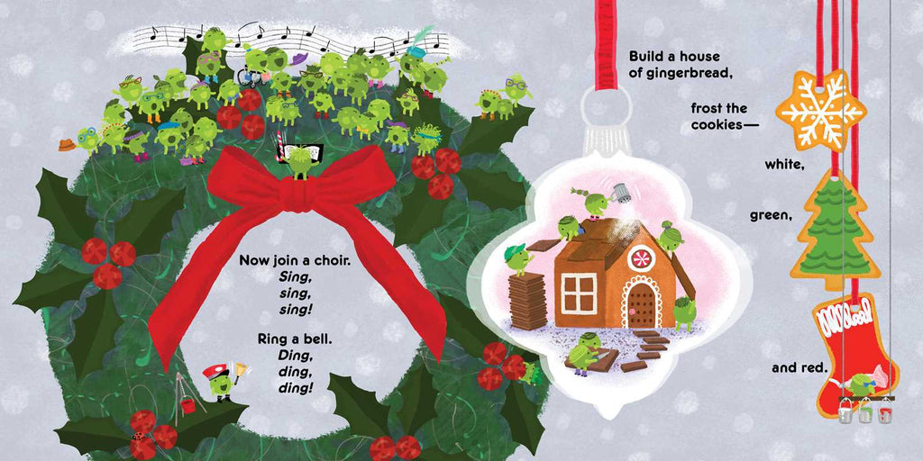 A festive Christmas-themed illustrated page with a large holly wreath, red bow, song text, a gingerbread house ornament, and hanging cookie/tree/stock illustrations on a light gray background.