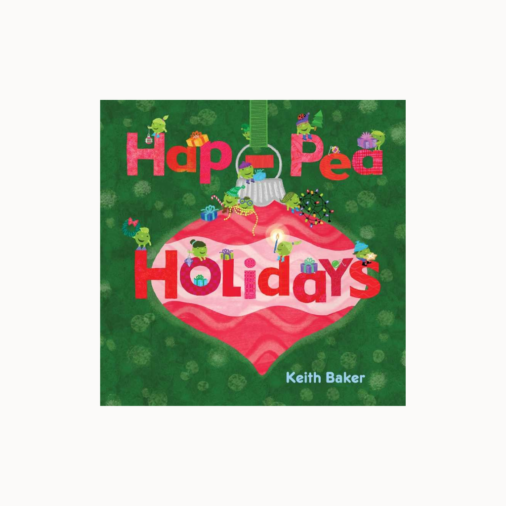 Book cover of 'Hap-Pea Holidays' with a green background and festive design.