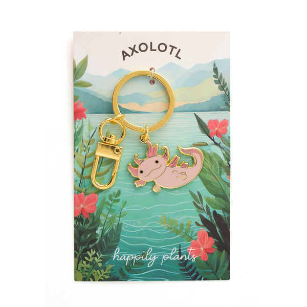 Axolotl keychain on a card with nature design
