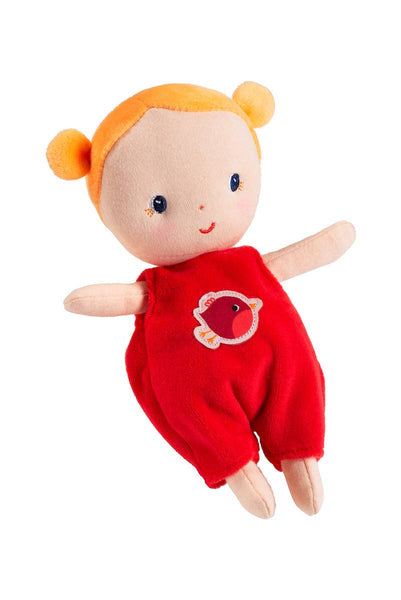 Plush toy with red outfit and fish design on a white background