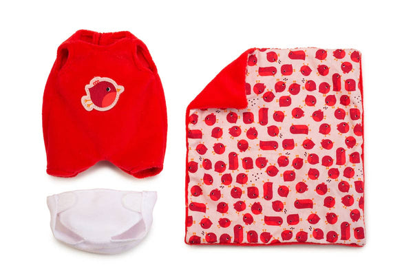 Red baby outfit with patterned blanket on a white background