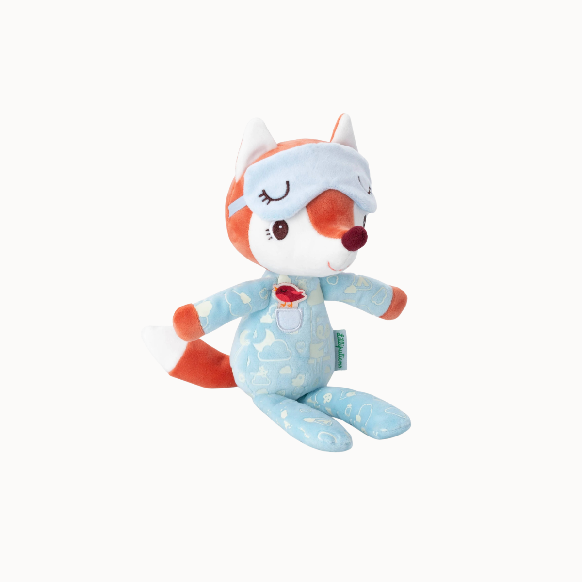 A plush toy fox wearing a light blue sleep mask and matching blue pajamas with white cloud patterns, sitting against a plain white background.