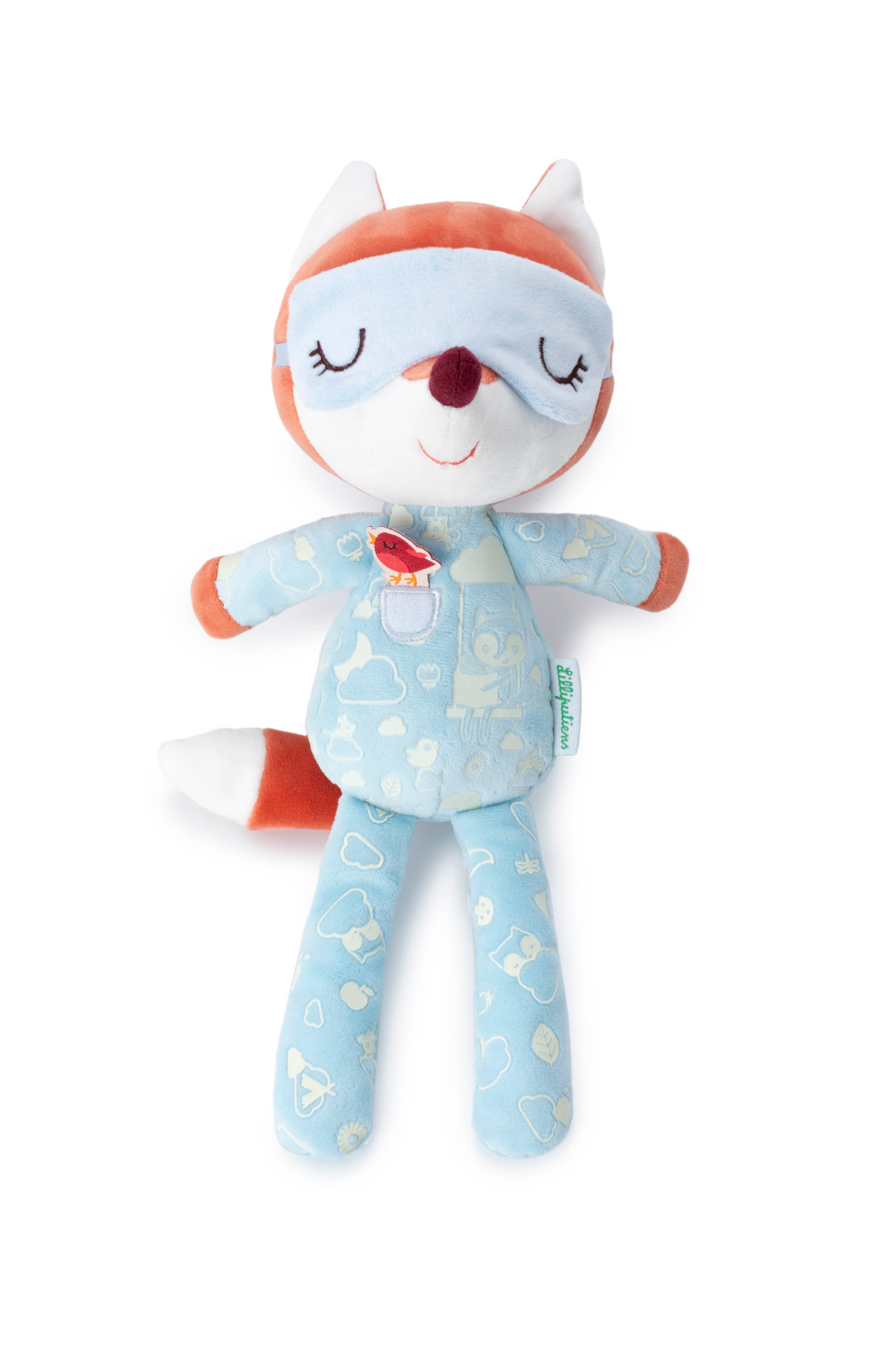 Plush toy fox in pajamas with a white background