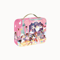A pink rectangular metal tin with a handle, featuring a colorful illustration of ballerinas and a stage on the front. The brand logo 'Puzzle Rabbit' is visible on the left side of the tin.