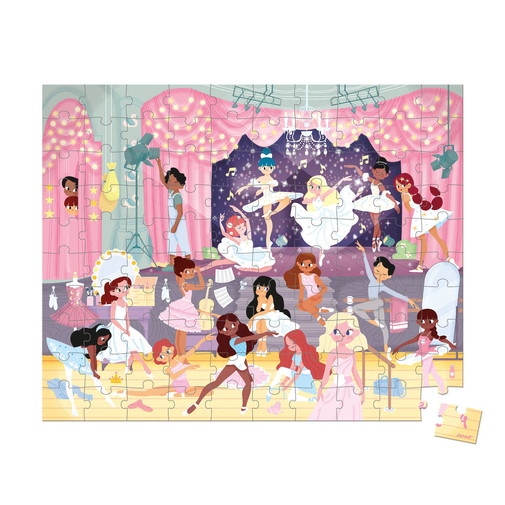 Children's puzzle with illustrated dancers in a studio setting