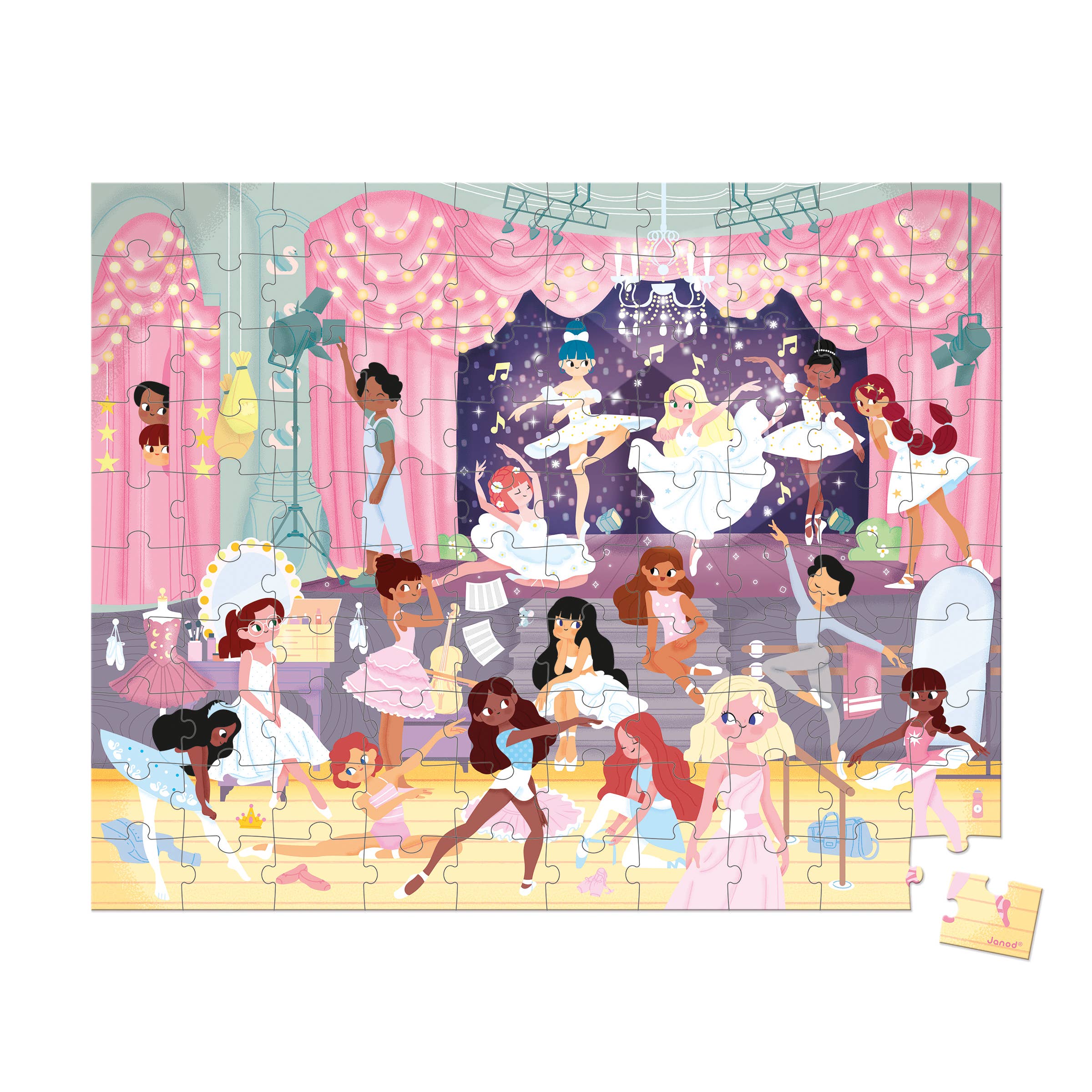Children's puzzle with illustrated dancers in a studio setting