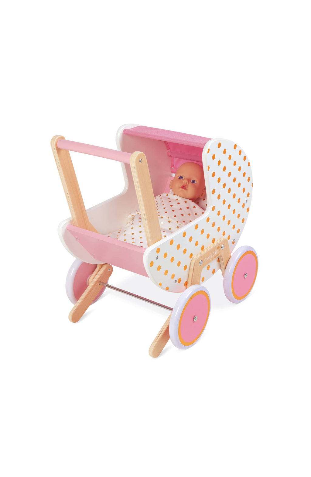 A wooden toy baby stroller with pink and white polka dot details, shown empty on a clean white background.
