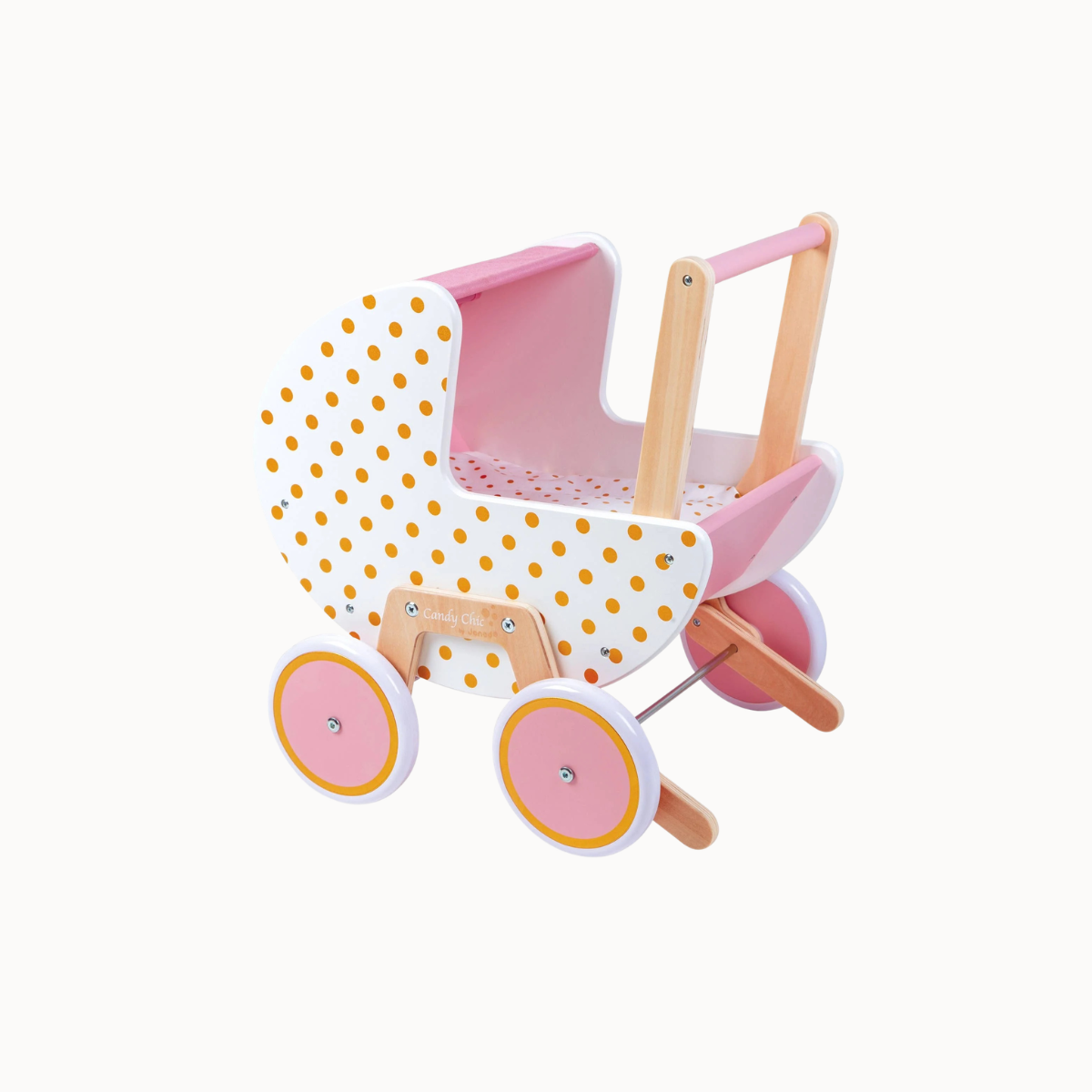 A wooden toy baby stroller with a pink and white polka-dot canopy, pink interior, and natural wood handle and frame, shown on a plain off-white background.
