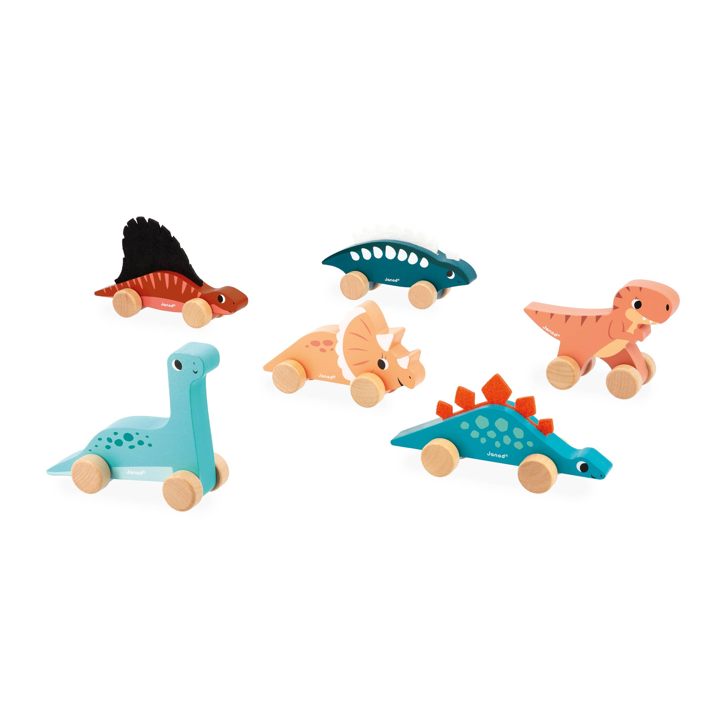 Set of colorful dinosaur toys on a white background