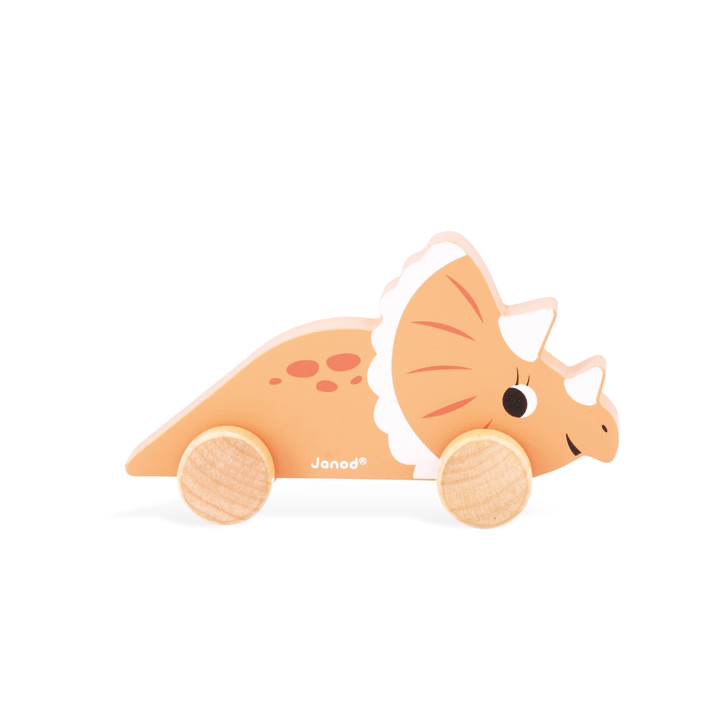 Toy car shaped like a triceratops with 'Janod' branding on a white background