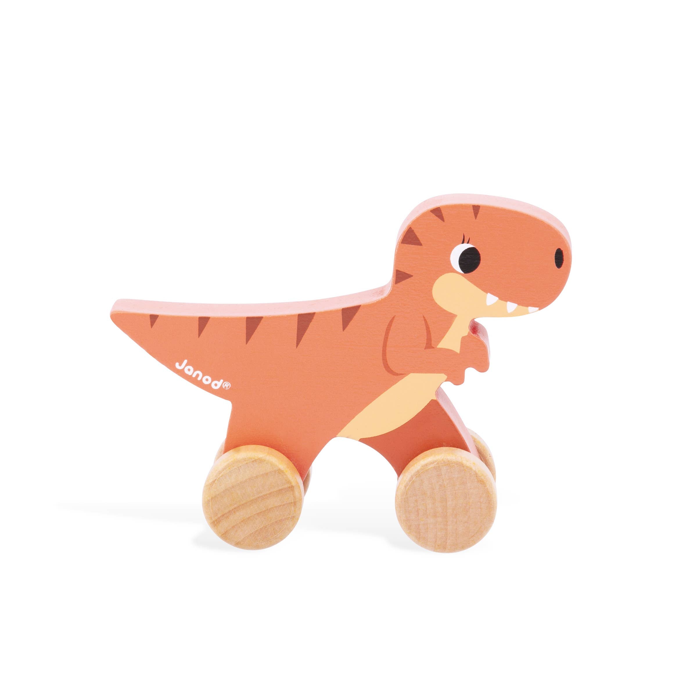 Wooden dinosaur toy with wheels on a white background