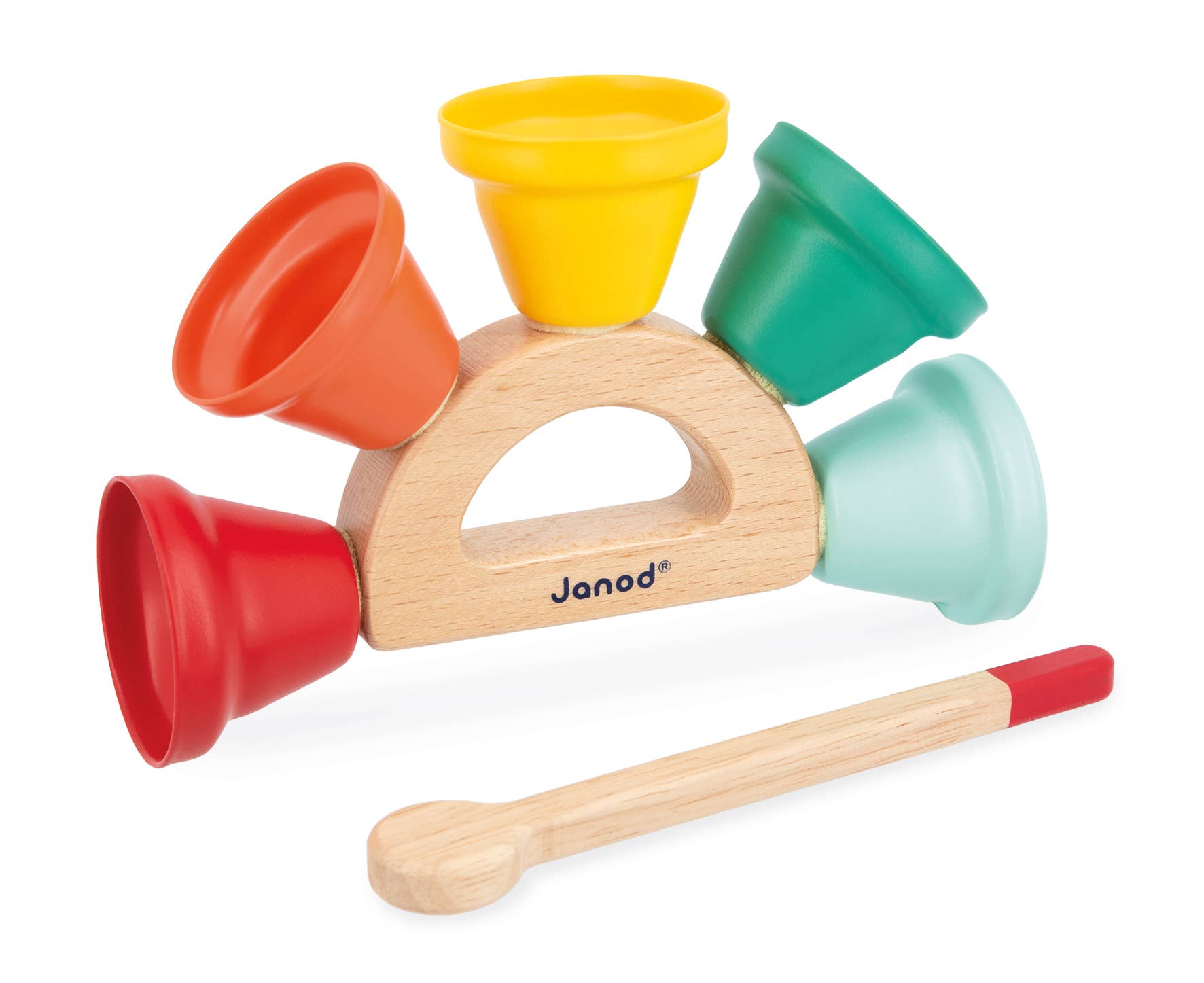 Colorful children's play set with wooden base and colorful cups on a white background