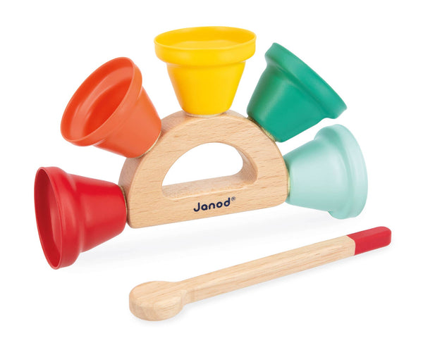 Colorful children's play set with wooden base and colorful cups on a white background