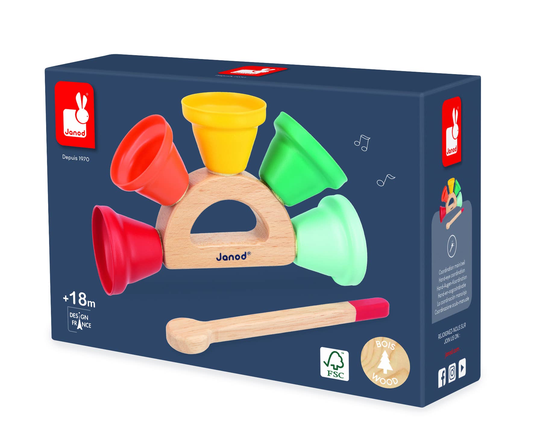 Box of Janod wooden toy with colorful cups and a mallet on a white background