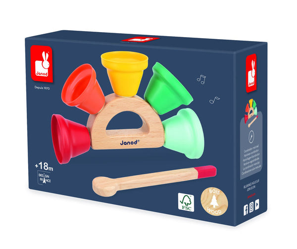Box of Janod wooden toy with colorful cups and a mallet on a white background