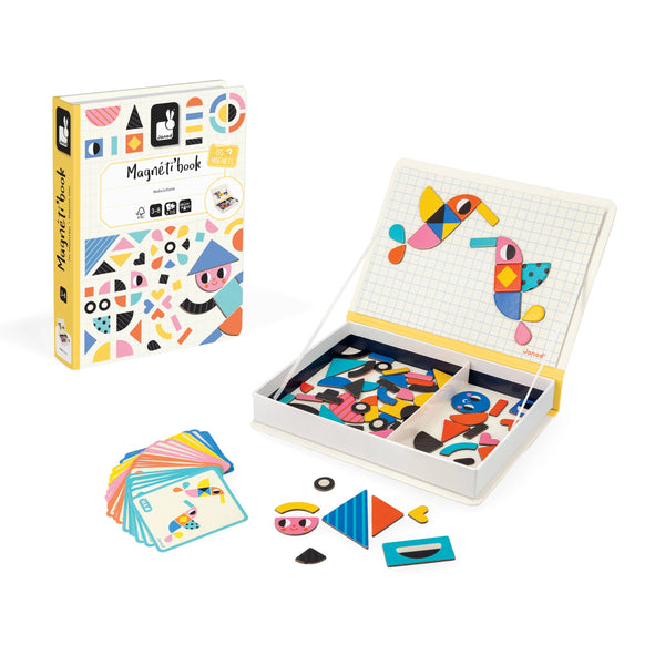 Colorful magnetic puzzle set with packaging on a white background