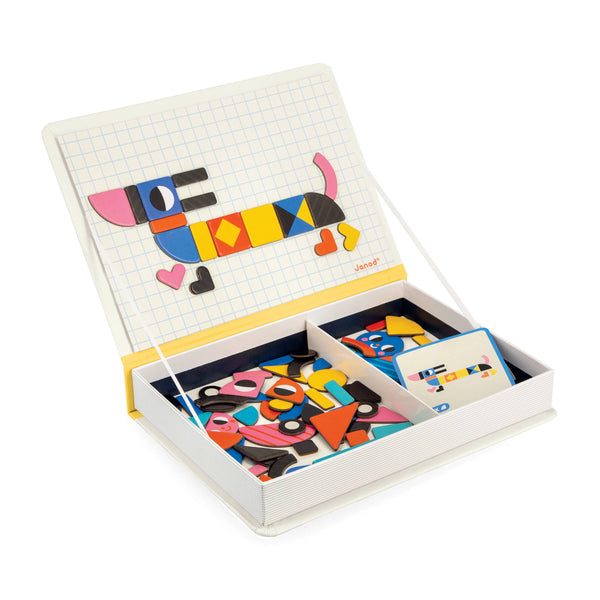 Colorful geometric puzzle in an open box on a white background