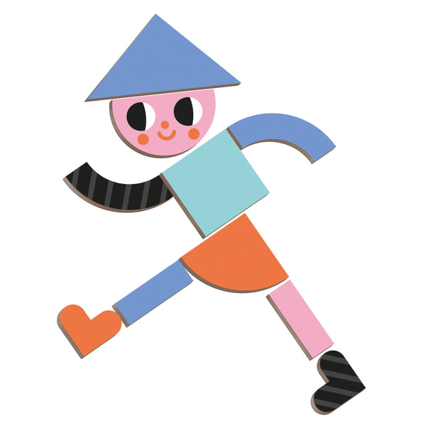Colorful wooden toy figure with a blue hat and orange shoes on a white background
