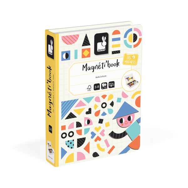 Colorful packaging of a 'Magnéti' book with geometric designs on a white background