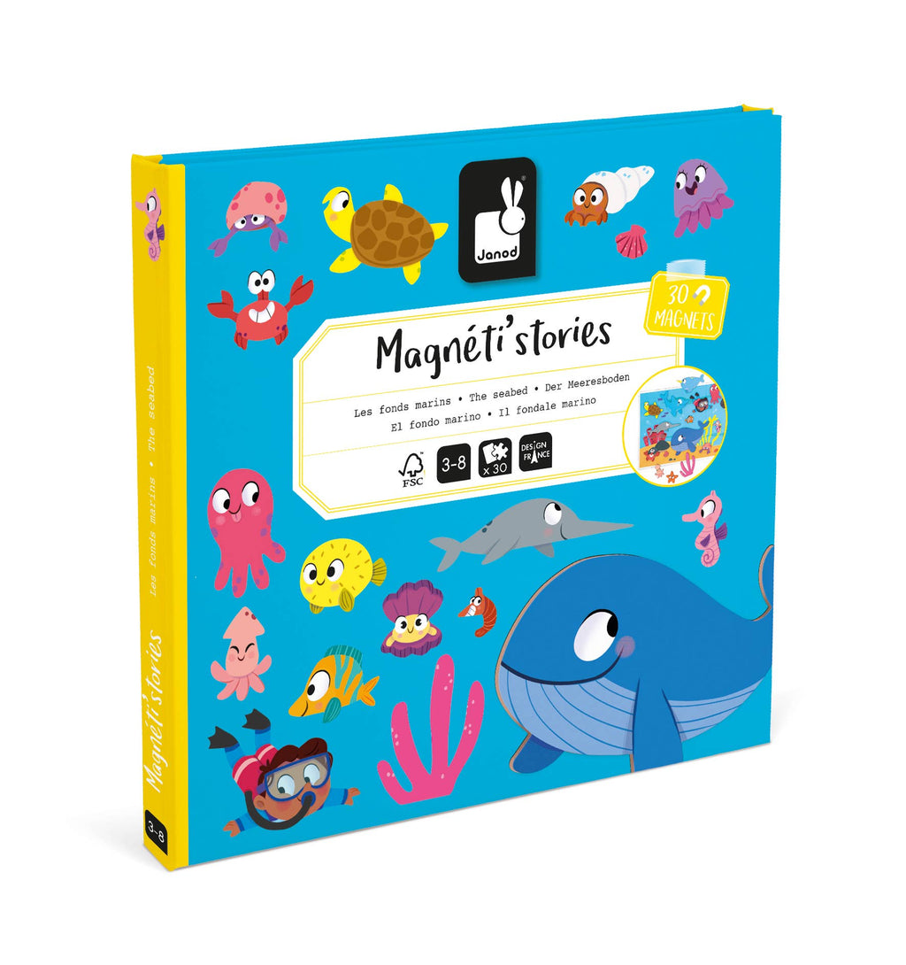 Box of 'Magneté Stories' with colorful sea-themed magnets on a white background