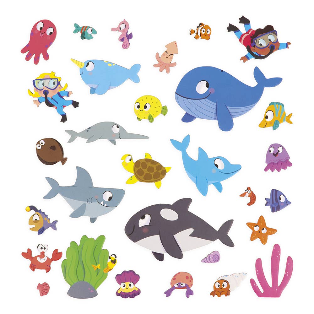 Collection of colorful cartoon sea creatures on a white background