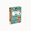 A children's toy book titled 'Magnét book' with a turquoise cover and orange spine, decorated with colorful cartoon illustrations, shown on a plain light background.