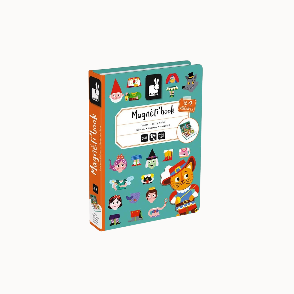 A children's toy book titled 'Magnét book' with a turquoise cover and orange spine, decorated with colorful cartoon illustrations, shown on a plain light background.
