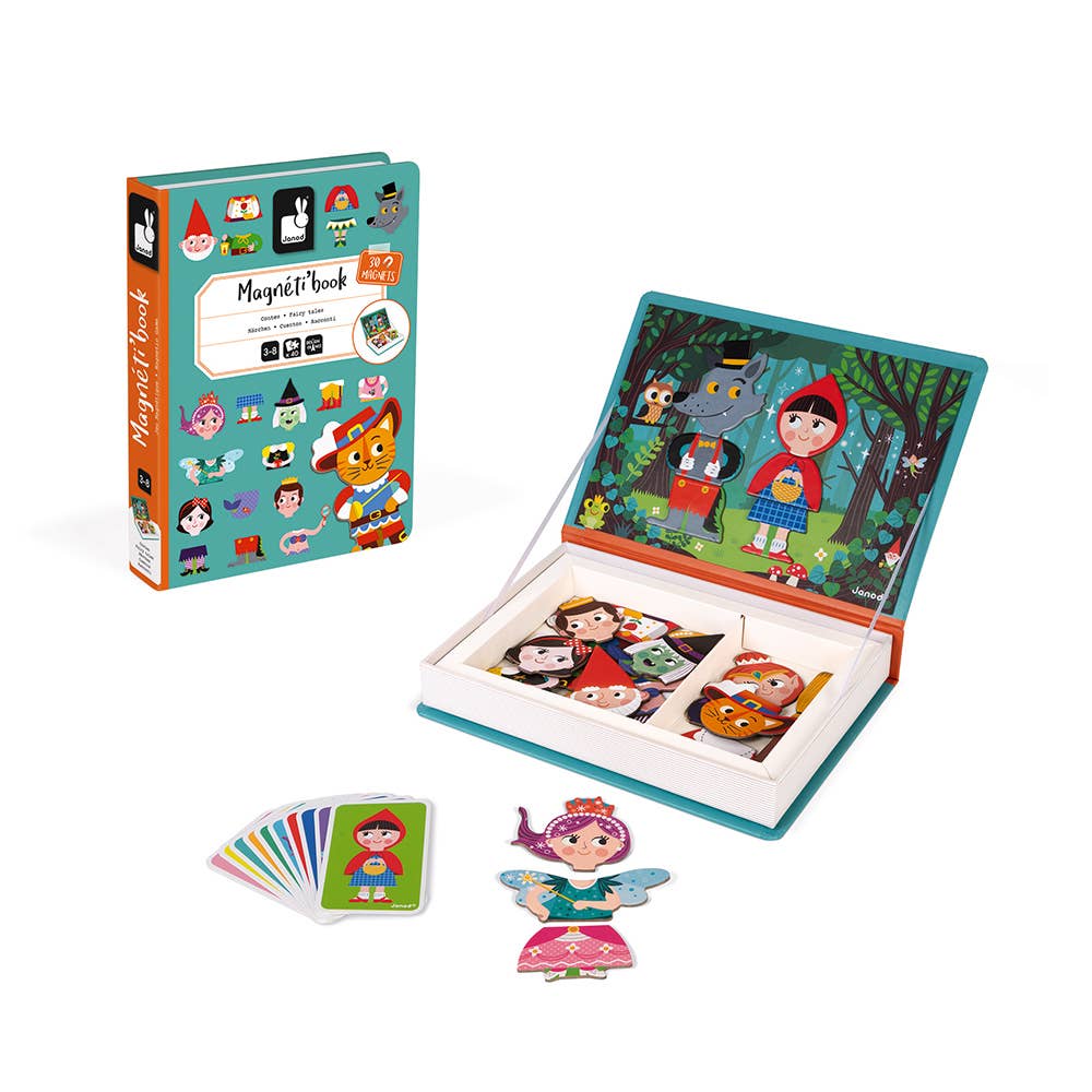 Children's magnetic book with illustrations and magnetic figures on a white background