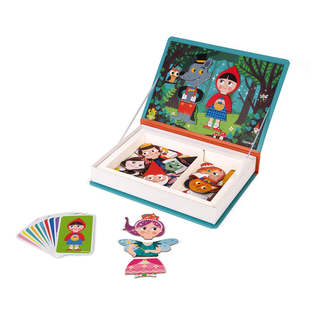 Children's educational toy set with storybook, cards, and character figures on a white background