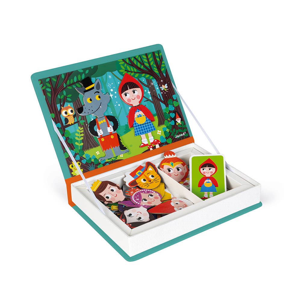 Children's wooden puzzle with characters from a fairy tale, including a wolf and a girl, in a colorful box.