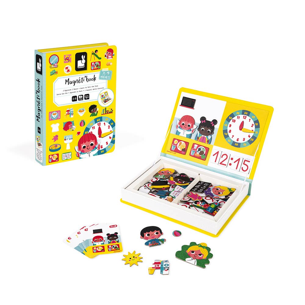 A children's magnetic 'Time' book set shown open with colorful stickers, cards, and small magnetic pieces arranged around it on a white background. The yellow box and open book cover display cartoon characters, clocks, and numbers, and the set includes multiple illustrated accessories.