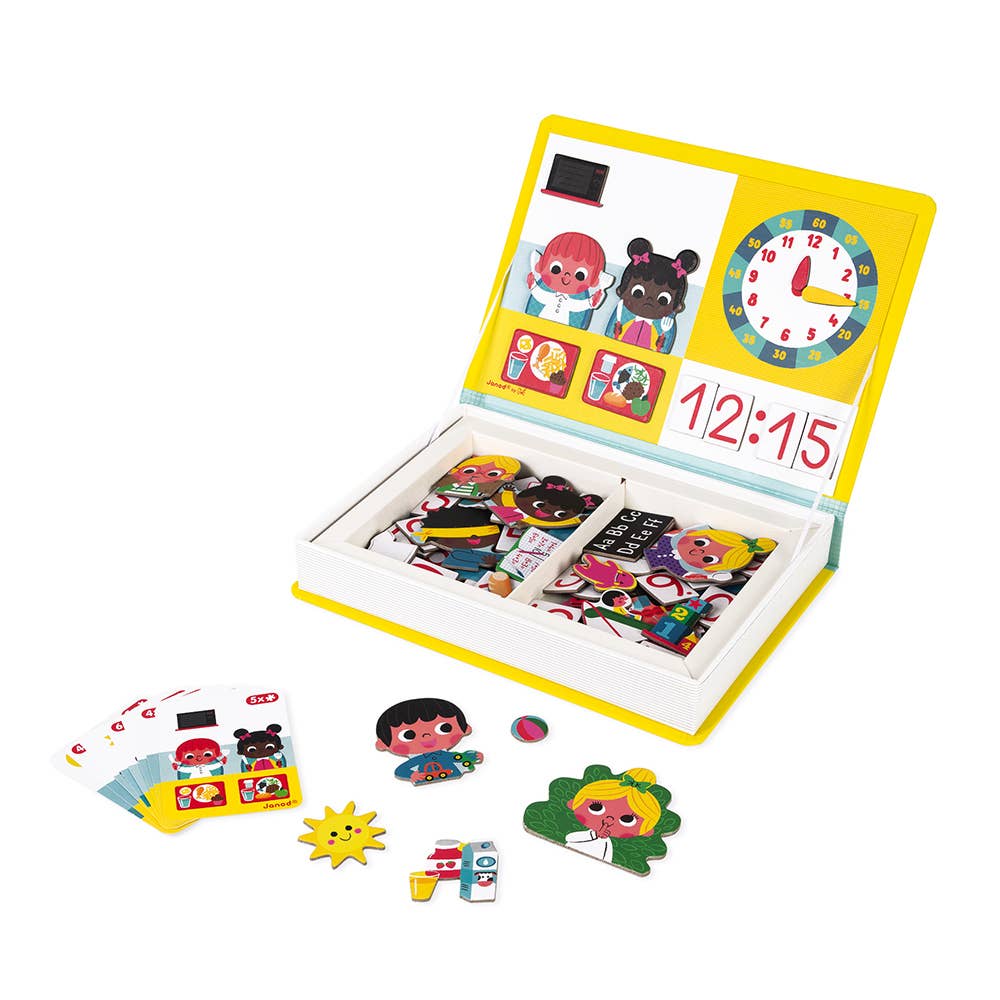 Educational children's toy with cards, stickers, and a clock on a white background